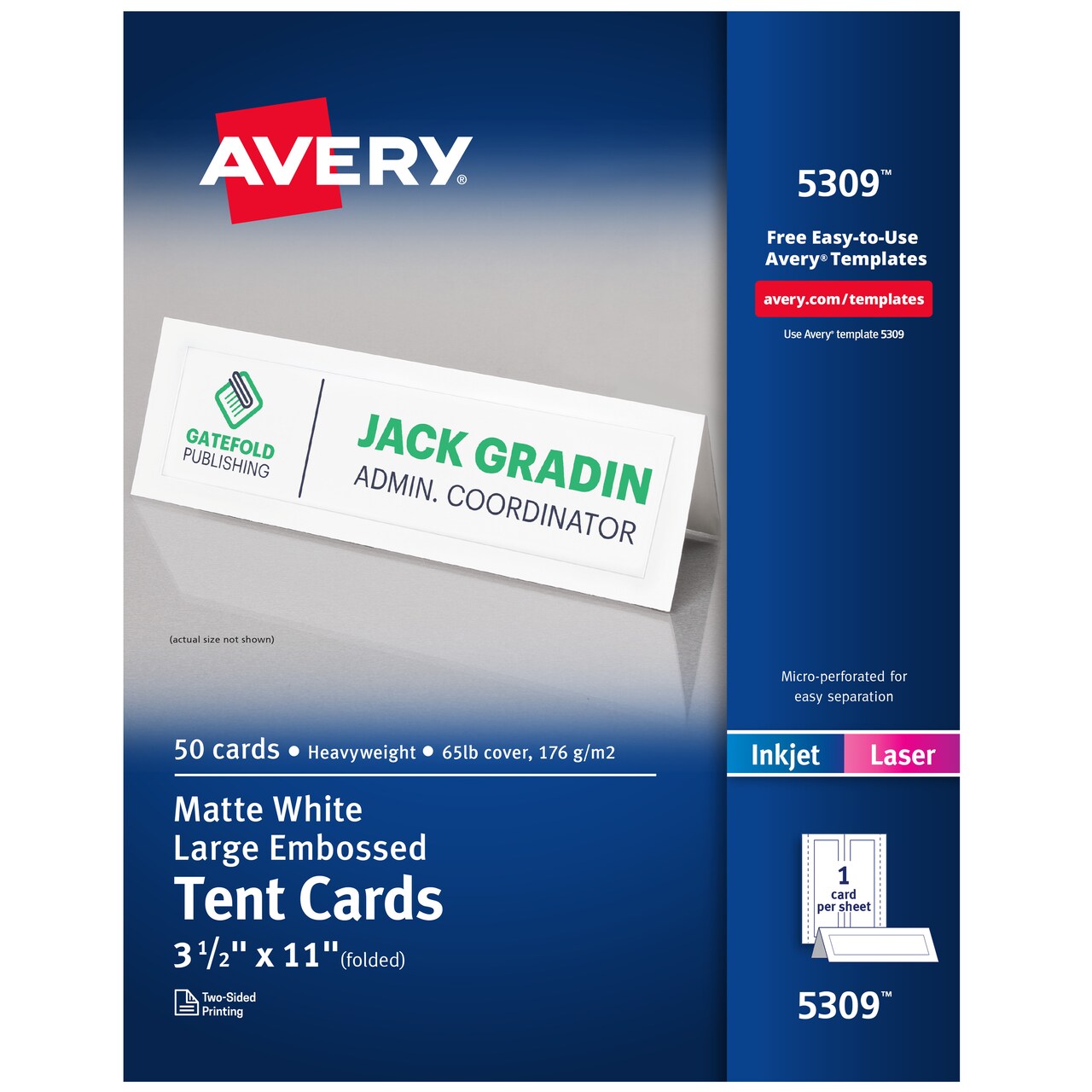 Avery Printable Tent Cards, 3.5" x 11", White with Embossed Border, 50 Blank Place Cards for Laser and Inkjet Printers (5309)